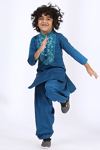 Peacock Blue Embroidered Kurta Set For Boys by Neha Gursahani Kids at Pernia's Pop Up Shop