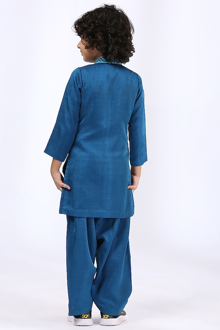 Peacock Blue Embroidered Kurta Set For Boys by Neha Gursahani Kids at Pernia's Pop Up Shop