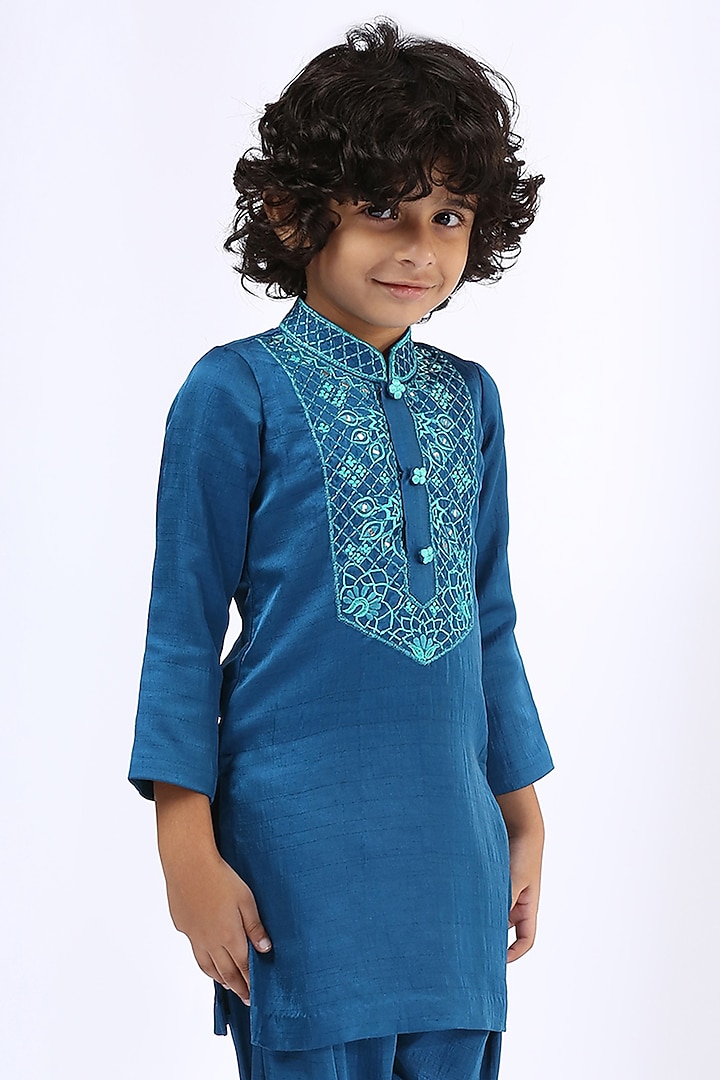 Peacock Blue Embroidered Kurta Set For Boys by Neha Gursahani Kids at Pernia's Pop Up Shop
