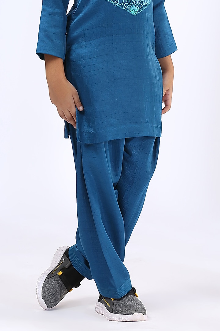 Peacock Blue Embroidered Kurta Set For Boys by Neha Gursahani Kids at Pernia's Pop Up Shop