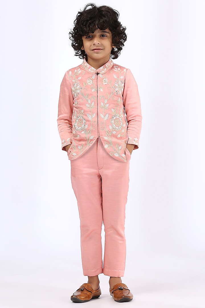 Peach Embroidered Bundi Jacket Set For Boys by Neha Gursahani Kids