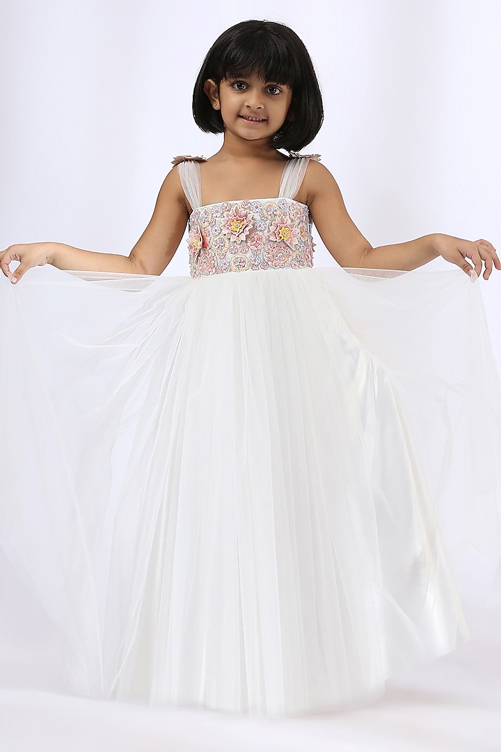 Ivory Embroidered Gown For Girls by Neha Gursahani Kids