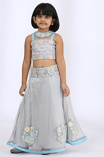 Grey Embroidered Lehenga Set For Girls by Neha Gursahani Kids at Pernia's Pop Up Shop