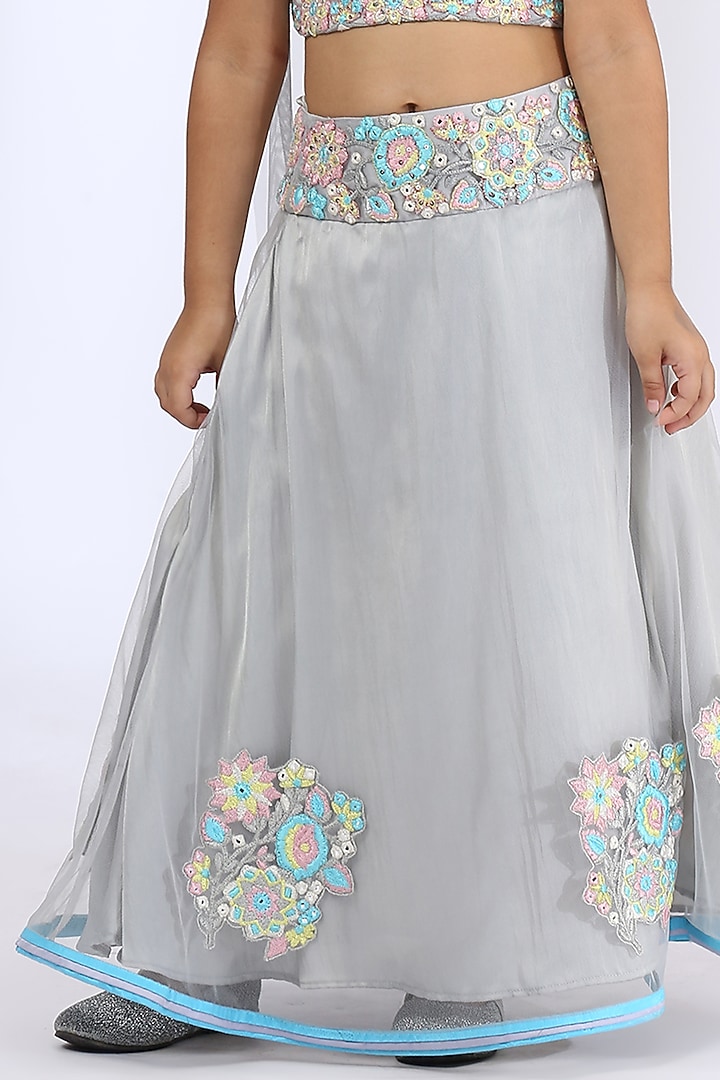 Grey Embroidered Lehenga Set For Girls by Neha Gursahani Kids at Pernia's Pop Up Shop