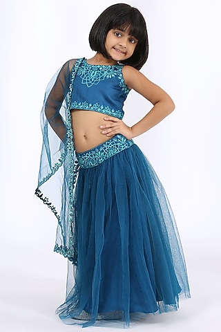 Peacock Blue Embroidered Lehenga Set For Girls by Neha Gursahani Kids