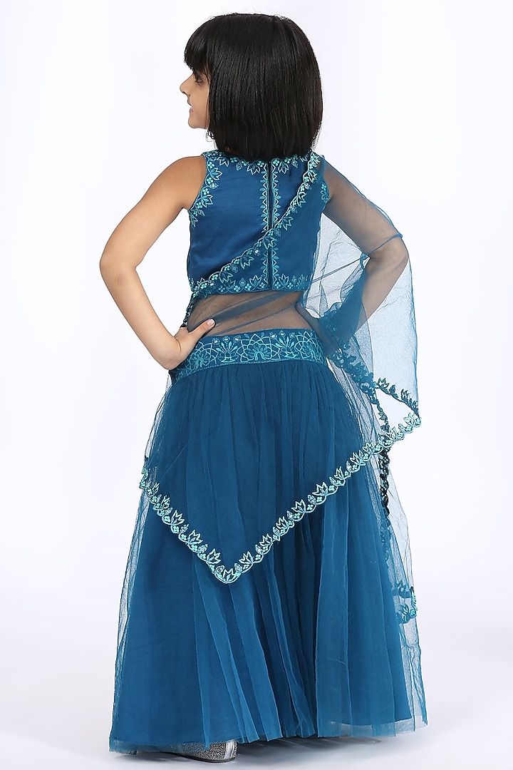 Peacock Blue Embroidered Lehenga Set For Girls by Neha Gursahani Kids at Pernia's Pop Up Shop
