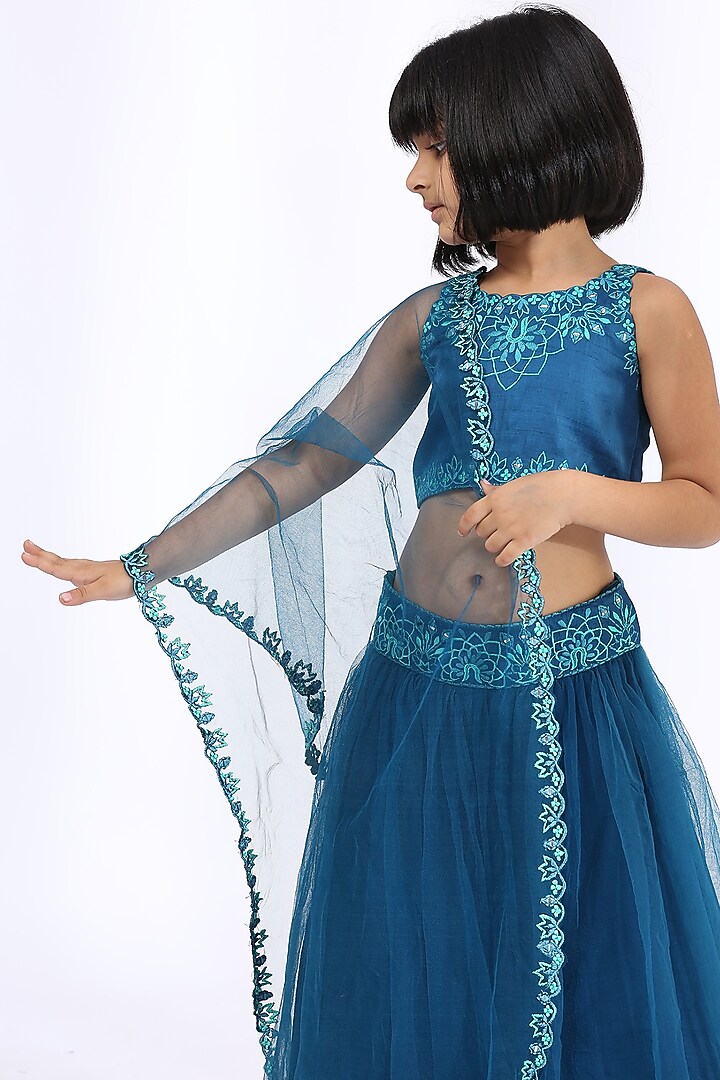 Peacock Blue Embroidered Lehenga Set For Girls by Neha Gursahani Kids at Pernia's Pop Up Shop