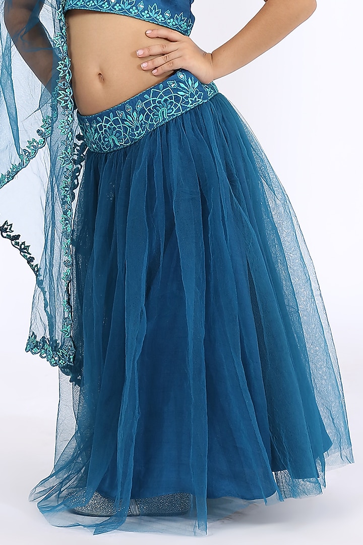 Peacock Blue Embroidered Lehenga Set For Girls by Neha Gursahani Kids at Pernia's Pop Up Shop