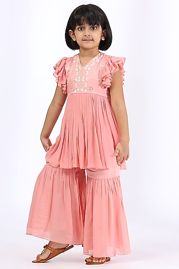 Peach Satin Linen Sharara Set For Girls by Neha Gursahani Kids at Pernia's Pop Up Shop