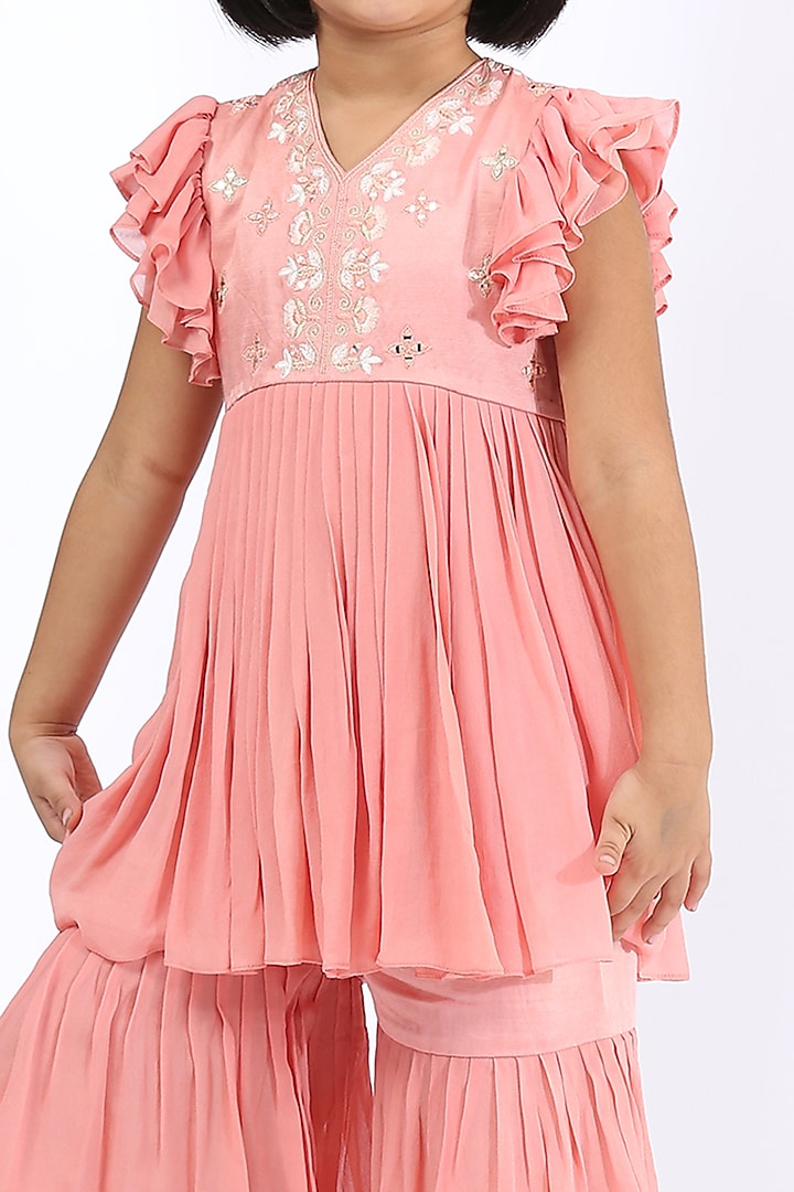 Peach Satin Linen Sharara Set For Girls by Neha Gursahani Kids at Pernia's Pop Up Shop