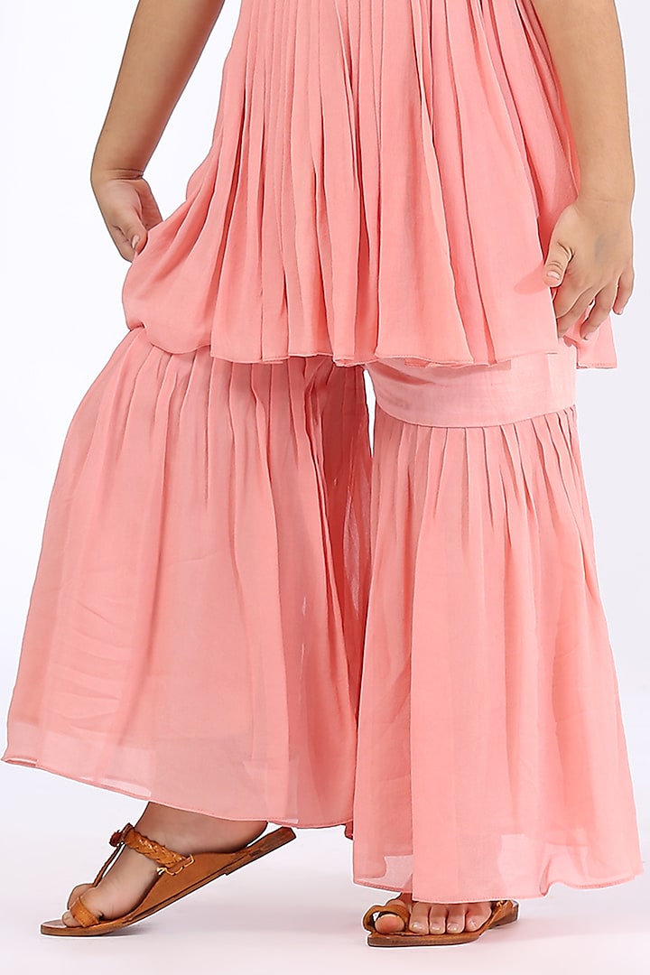 Peach Satin Linen Sharara Set For Girls by Neha Gursahani Kids at Pernia's Pop Up Shop