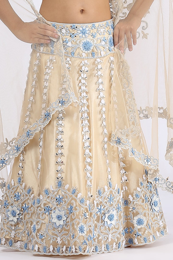 Beige Embroidered Lehenga Set For Girls by Neha Gursahani Kids at Pernia's Pop Up Shop