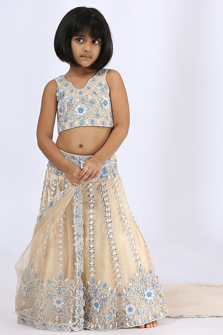 Beige Embroidered Lehenga Set For Girls by Neha Gursahani Kids at Pernia's Pop Up Shop