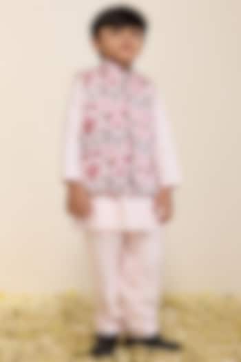 Light Pink Satin Linen Printed Nehru Jacket Set For Boys by Neha Gursahani Kids at Pernia's Pop Up Shop