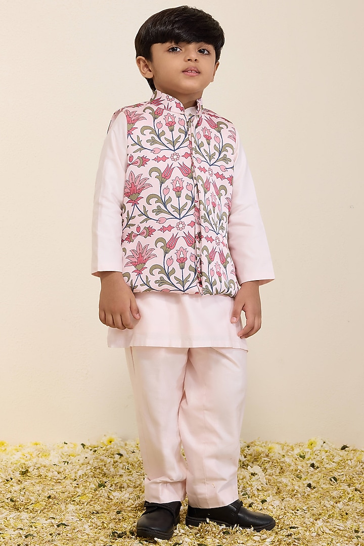 Light Pink Satin Linen Printed Nehru Jacket Set For Boys by Neha Gursahani Kids at Pernia's Pop Up Shop