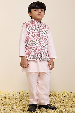 Light Pink Satin Linen Printed Nehru Jacket Set For Boys by Neha Gursahani Kids