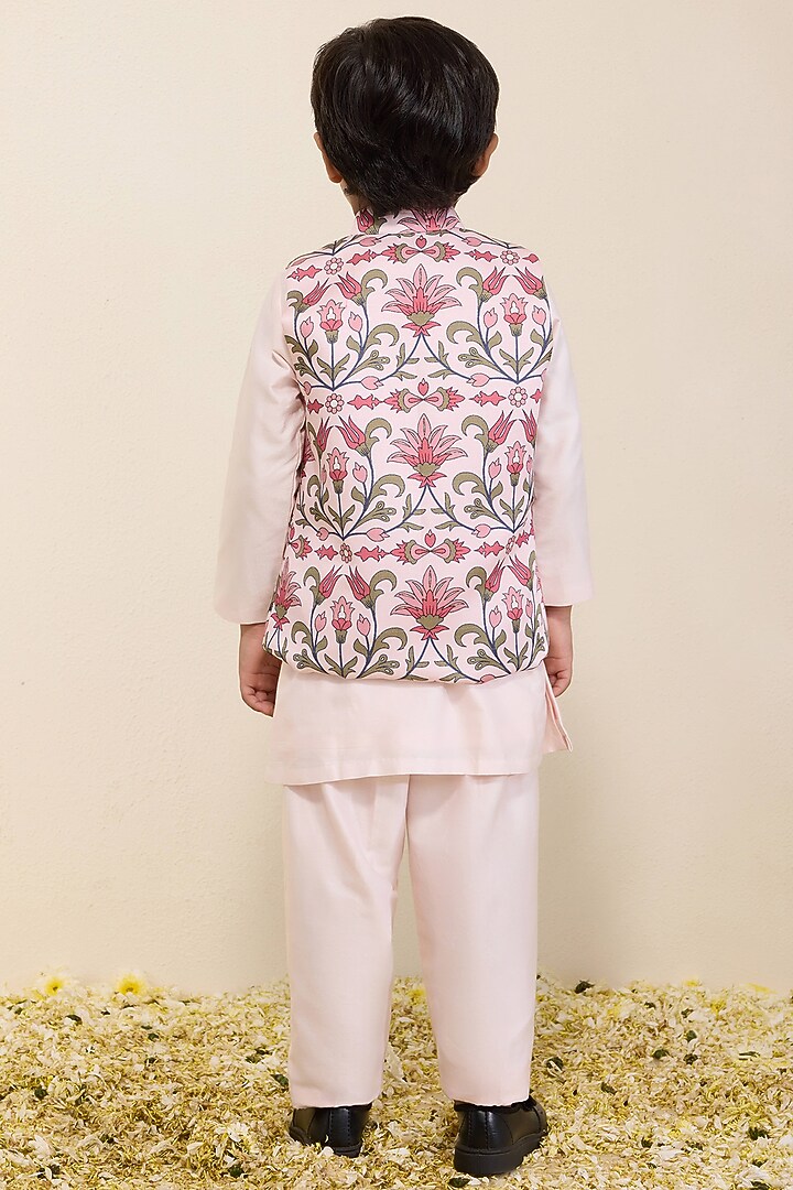 Light Pink Satin Linen Printed Nehru Jacket Set For Boys by Neha Gursahani Kids at Pernia's Pop Up Shop