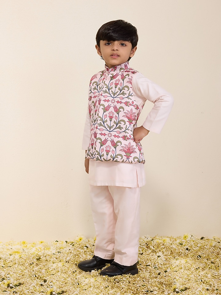 Light Pink Satin Linen Printed Nehru Jacket Set For Boys by Neha Gursahani Kids at Pernia's Pop Up Shop