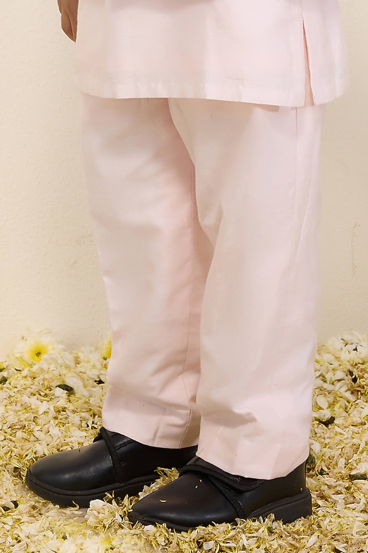 Light Pink Satin Linen Printed Nehru Jacket Set For Boys by Neha Gursahani Kids at Pernia's Pop Up Shop