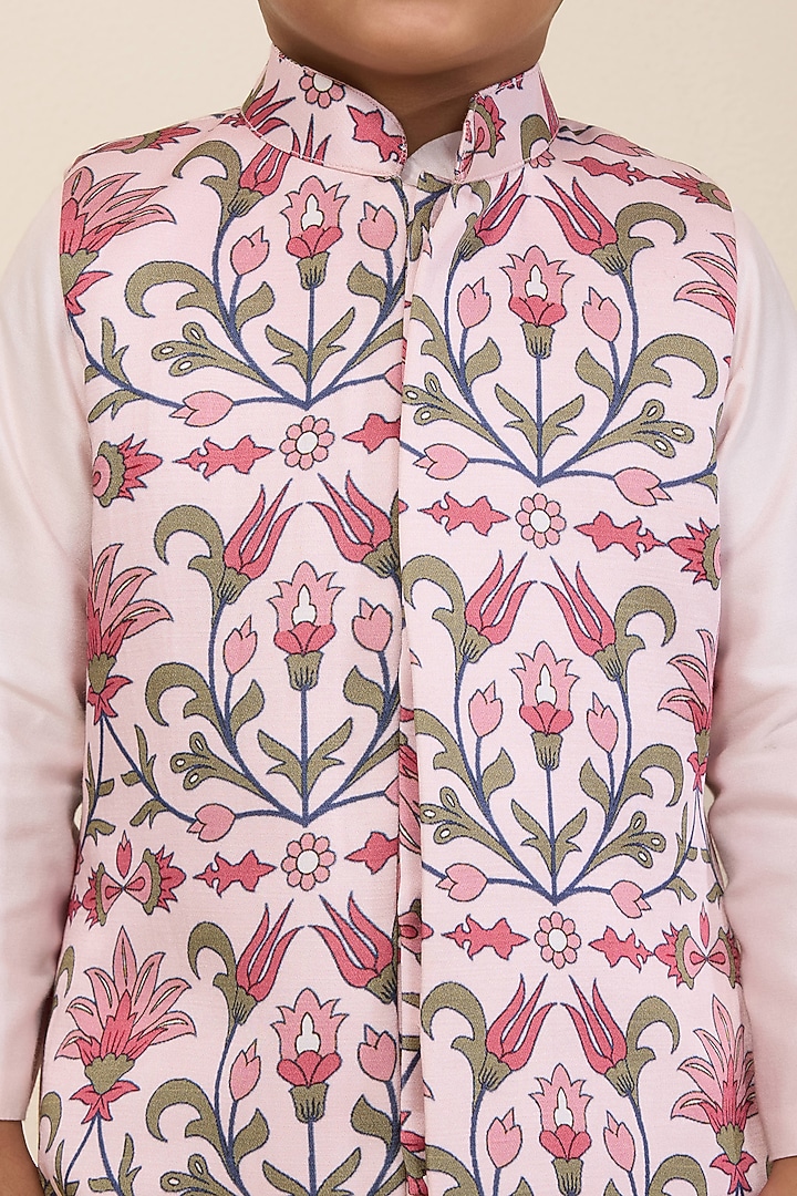 Light Pink Satin Linen Printed Nehru Jacket Set For Boys by Neha Gursahani Kids at Pernia's Pop Up Shop