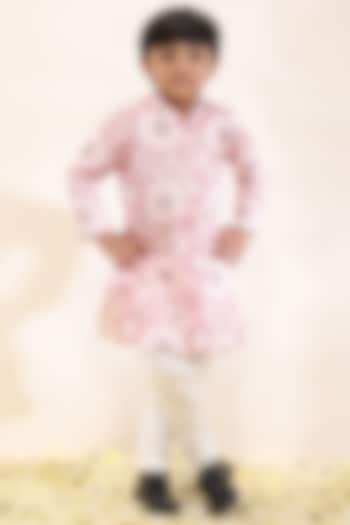Pink Satin Linen Printed Kurta Set For Boys by Neha Gursahani Kids at Pernia's Pop Up Shop