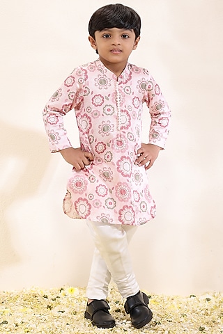 Pink Satin Linen Printed Kurta Set For Boys by Neha Gursahani Kids