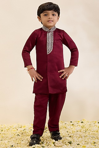 Maroon Satin Linen Hand Embroidered Sherwani Set For Boys by Neha Gursahani Kids