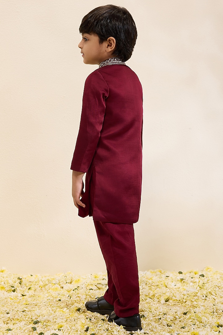 Maroon Satin Linen Hand Embroidered Sherwani Set For Boys by Neha Gursahani Kids at Pernia's Pop Up Shop