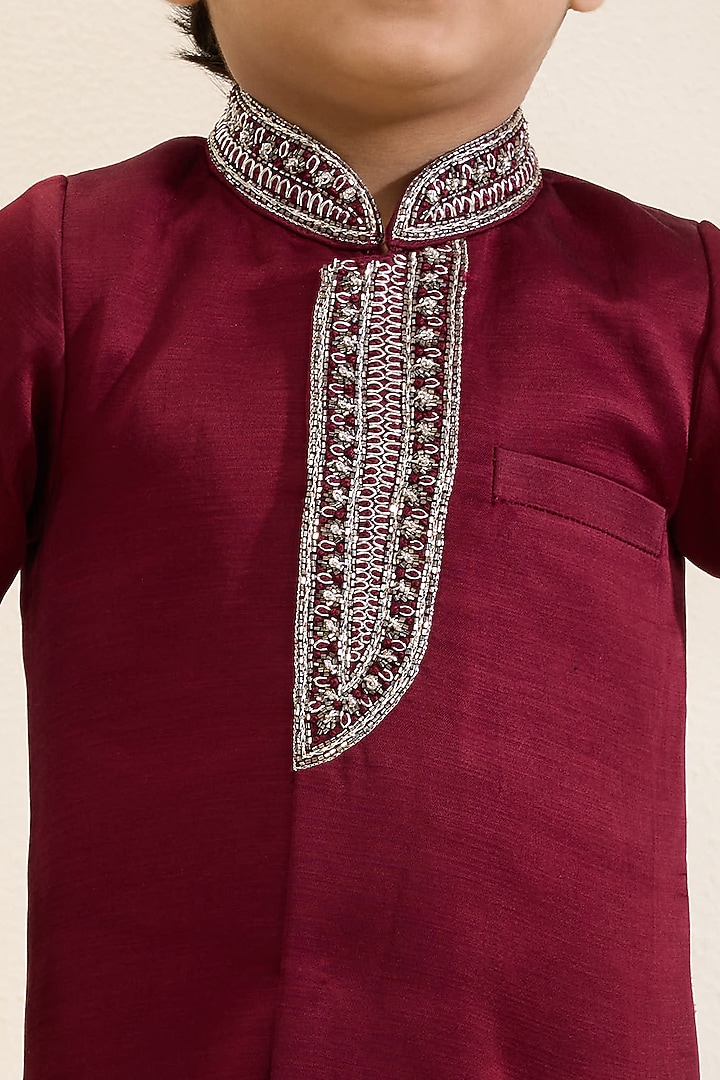 Maroon Satin Linen Hand Embroidered Sherwani Set For Boys by Neha Gursahani Kids at Pernia's Pop Up Shop