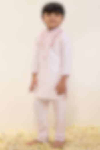 Light Pink Spun Silk Embroidered Kurta Set For Boys by Neha Gursahani Kids at Pernia's Pop Up Shop