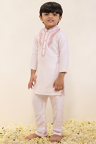 Light Pink Spun Silk Embroidered Kurta Set For Boys by Neha Gursahani Kids