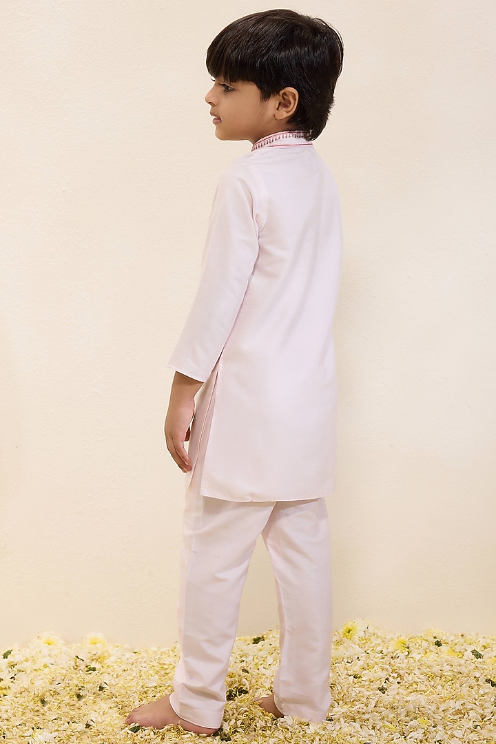 Light Pink Spun Silk Embroidered Kurta Set For Boys by Neha Gursahani Kids at Pernia's Pop Up Shop