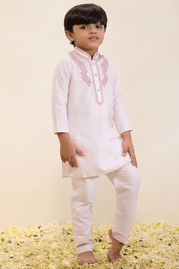 Light Pink Spun Silk Embroidered Kurta Set For Boys by Neha Gursahani Kids at Pernia's Pop Up Shop