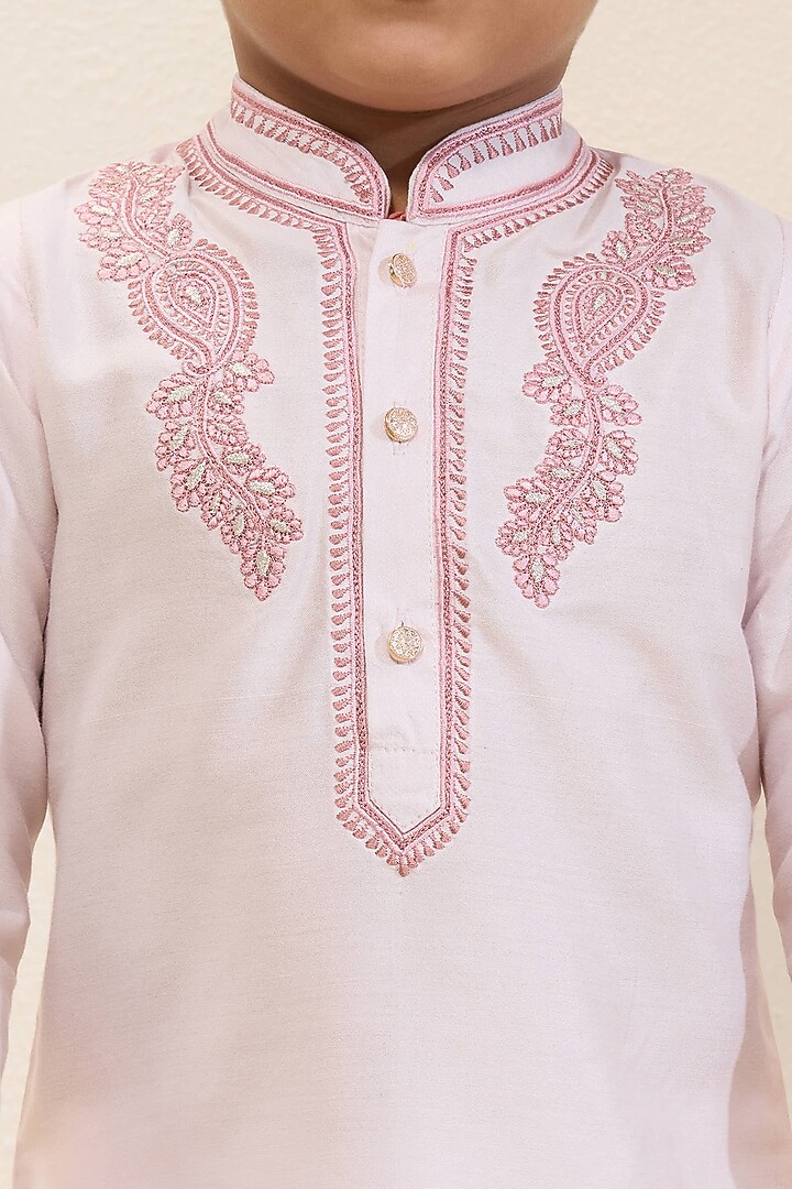 Light Pink Spun Silk Embroidered Kurta Set For Boys by Neha Gursahani Kids at Pernia's Pop Up Shop