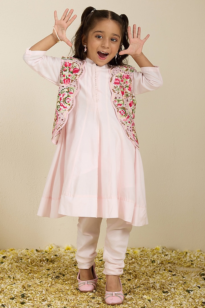 Multi-Colored Spun Silk Cutwork Embroidered Jacket Set For Girls by Neha Gursahani Kids at Pernia's Pop Up Shop