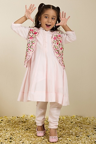 Multi-Colored Spun Silk Cutwork Embroidered Jacket Set For Girls by Neha Gursahani Kids