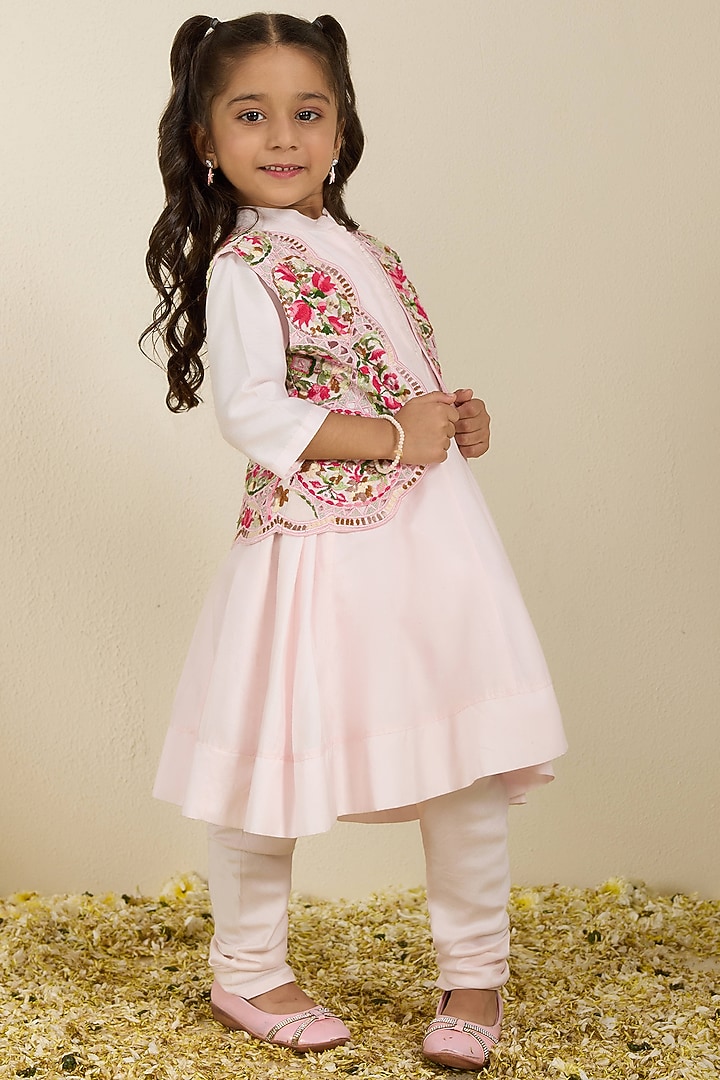 Multi-Colored Spun Silk Cutwork Embroidered Jacket Set For Girls by Neha Gursahani Kids at Pernia's Pop Up Shop