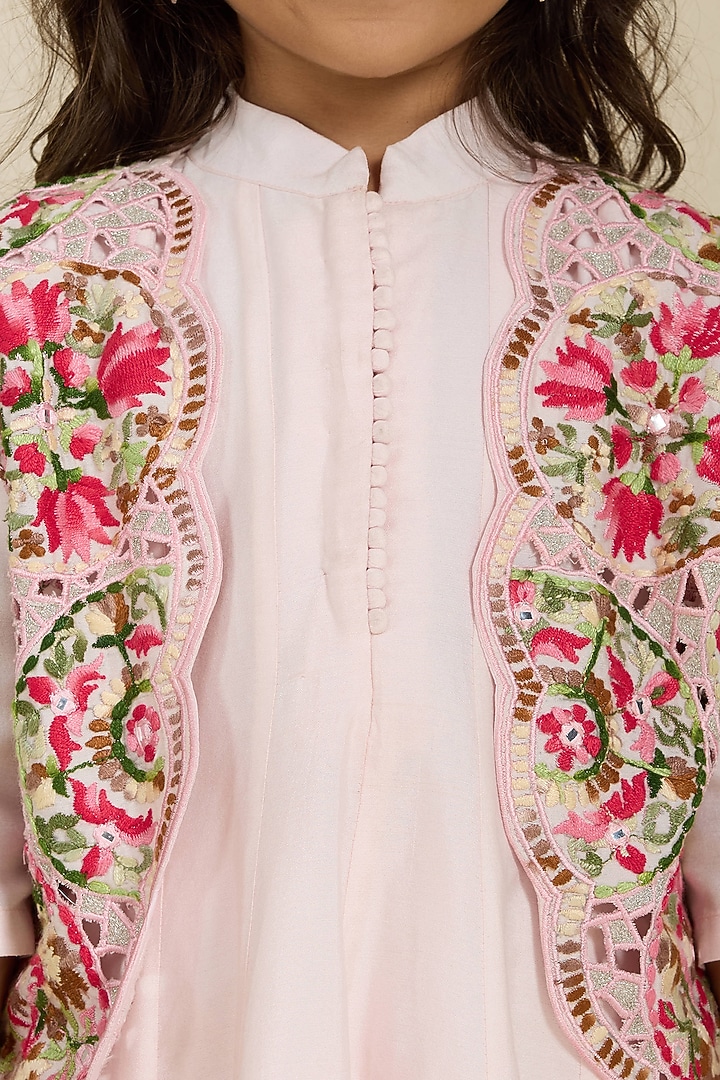 Multi-Colored Spun Silk Cutwork Embroidered Jacket Set For Girls by Neha Gursahani Kids at Pernia's Pop Up Shop