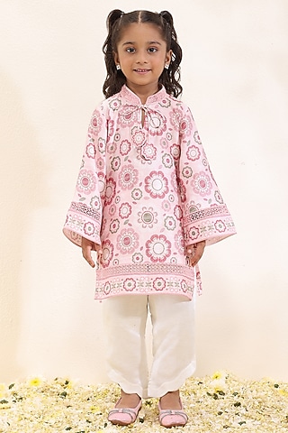 Pink Satin Linen Printed & Embroidered Kurta Set For Girls by Neha Gursahani Kids