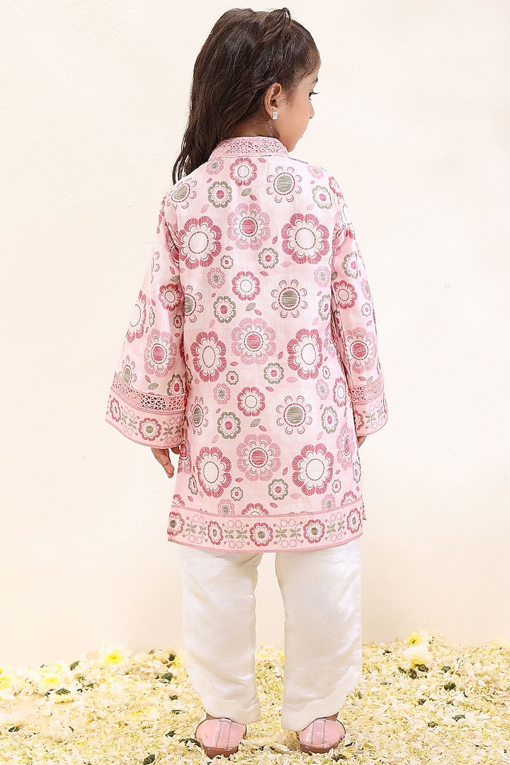 Pink Satin Linen Printed & Embroidered Kurta Set For Girls by Neha Gursahani Kids at Pernia's Pop Up Shop