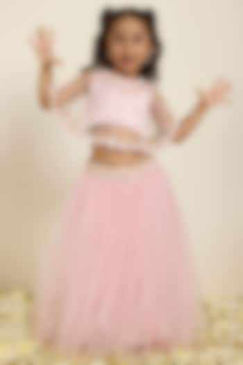 Pink Tulle Embroidered Jacket Lehenga Set For Girls by Neha Gursahani Kids at Pernia's Pop Up Shop