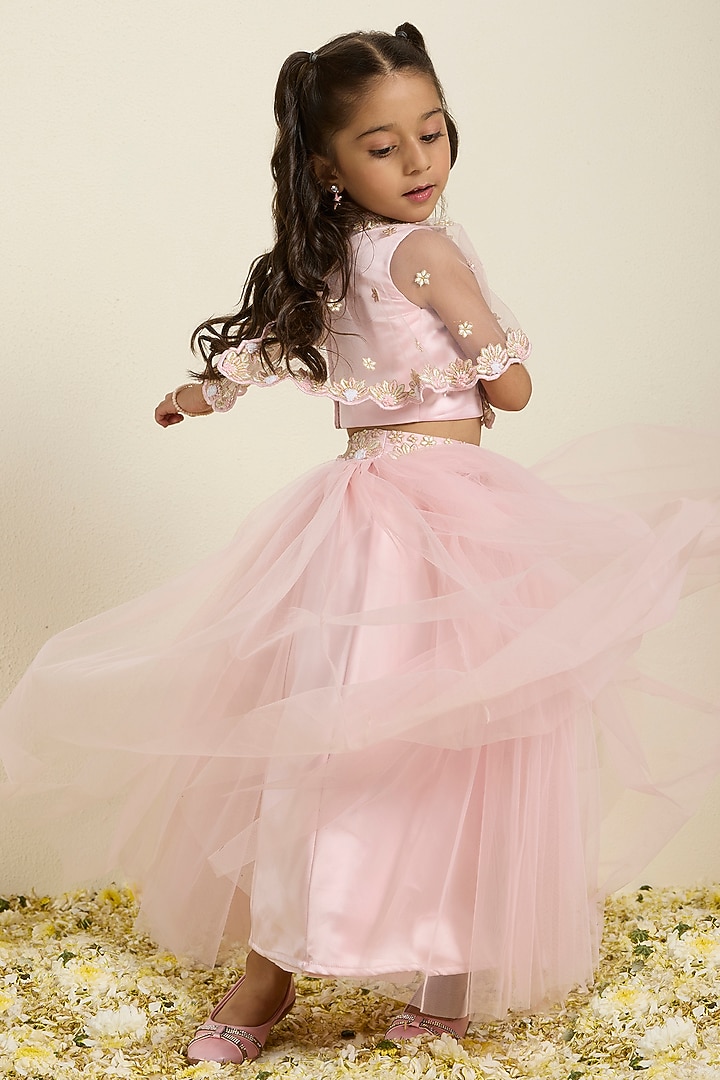 Pink Tulle Embroidered Jacket Lehenga Set For Girls by Neha Gursahani Kids at Pernia's Pop Up Shop