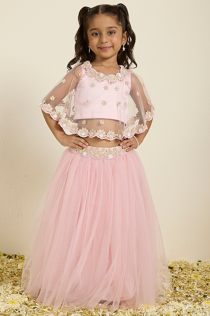 Pink Tulle Embroidered Jacket Lehenga Set For Girls by Neha Gursahani Kids at Pernia's Pop Up Shop