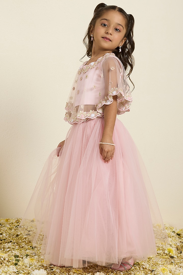 Pink Tulle Embroidered Jacket Lehenga Set For Girls by Neha Gursahani Kids at Pernia's Pop Up Shop