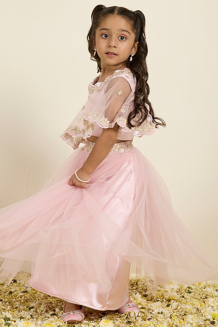 Pink Tulle Embroidered Jacket Lehenga Set For Girls by Neha Gursahani Kids at Pernia's Pop Up Shop