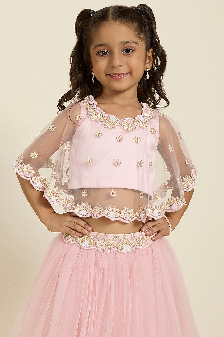 Pink Tulle Embroidered Jacket Lehenga Set For Girls by Neha Gursahani Kids at Pernia's Pop Up Shop