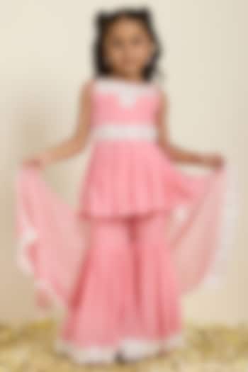 Pink Organza Mirror Work Sharara Set For Girls by Neha Gursahani Kids at Pernia's Pop Up Shop