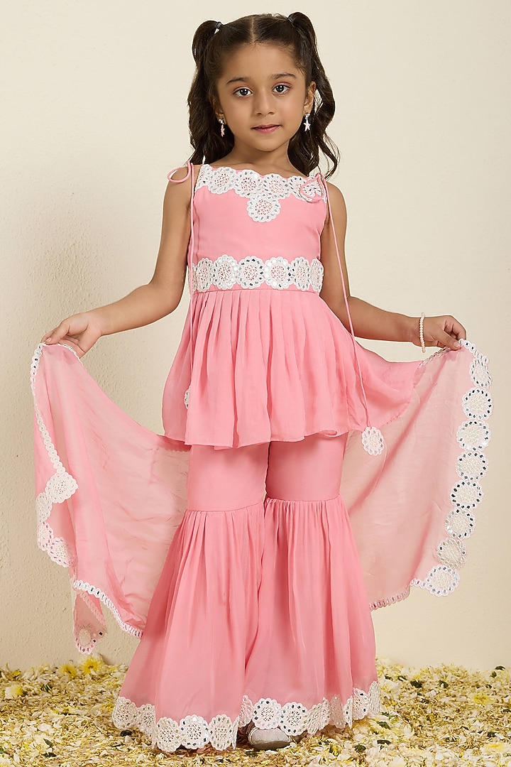 Pink Organza Mirror Work Sharara Set For Girls by Neha Gursahani Kids at Pernia's Pop Up Shop
