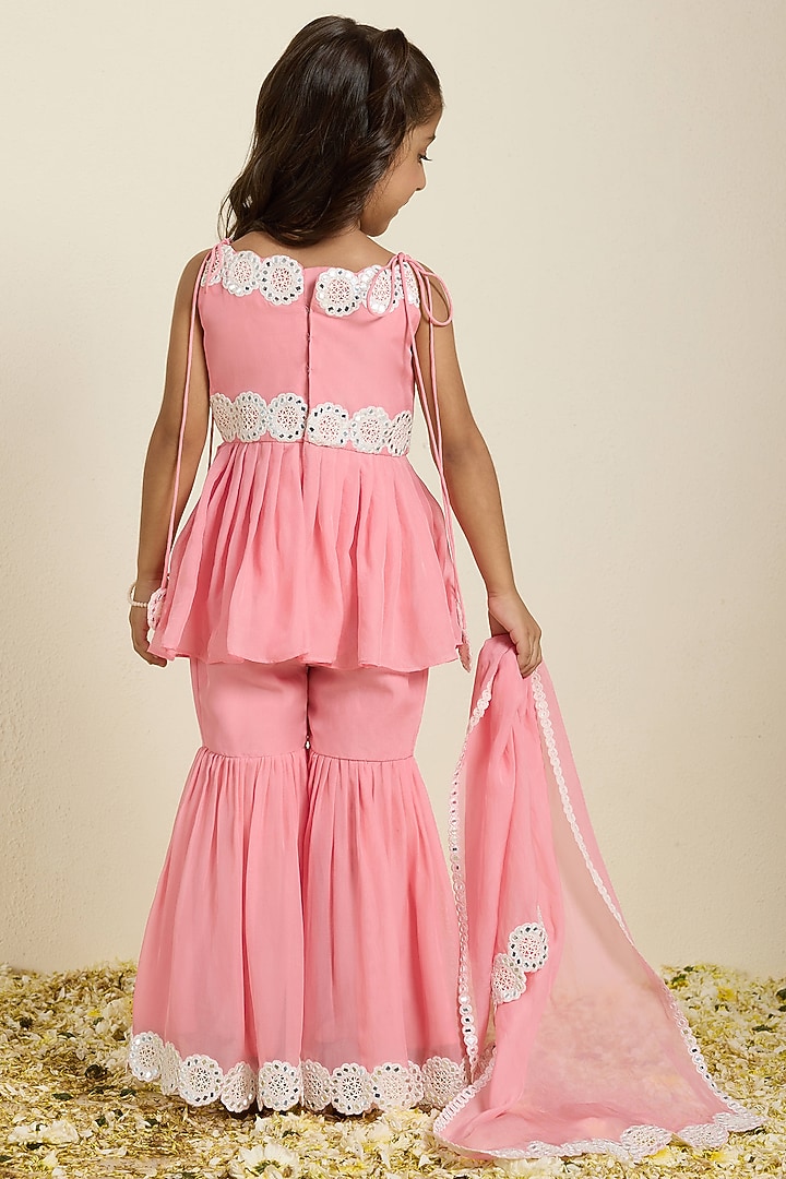 Pink Organza Mirror Work Sharara Set For Girls by Neha Gursahani Kids at Pernia's Pop Up Shop