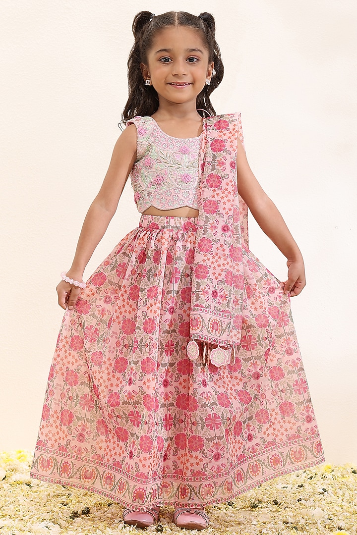 Pink Silk Mal Printed Lehenga Set For Girls by Neha Gursahani Kids at Pernia's Pop Up Shop